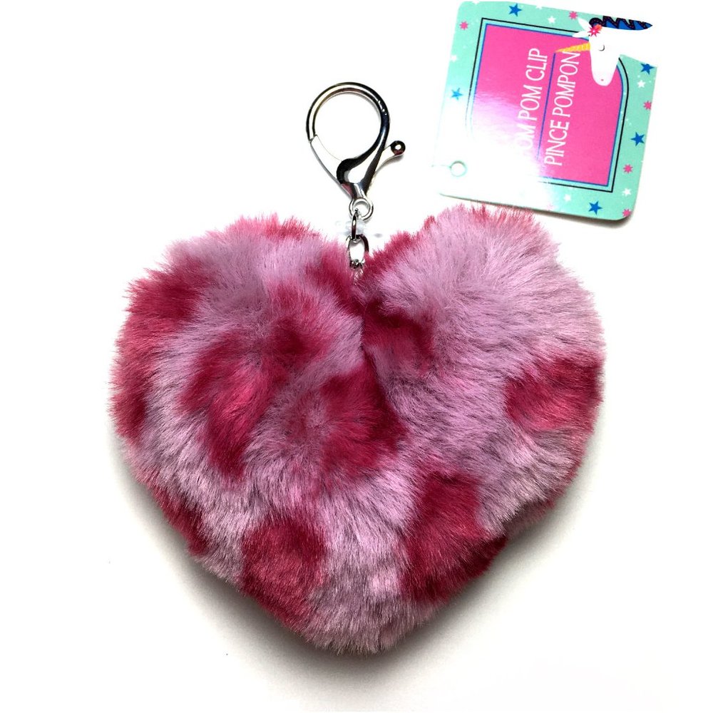 *3/$15* Pink Leopard Furry Pom Pom Heart Clip - Picture 2 of 2